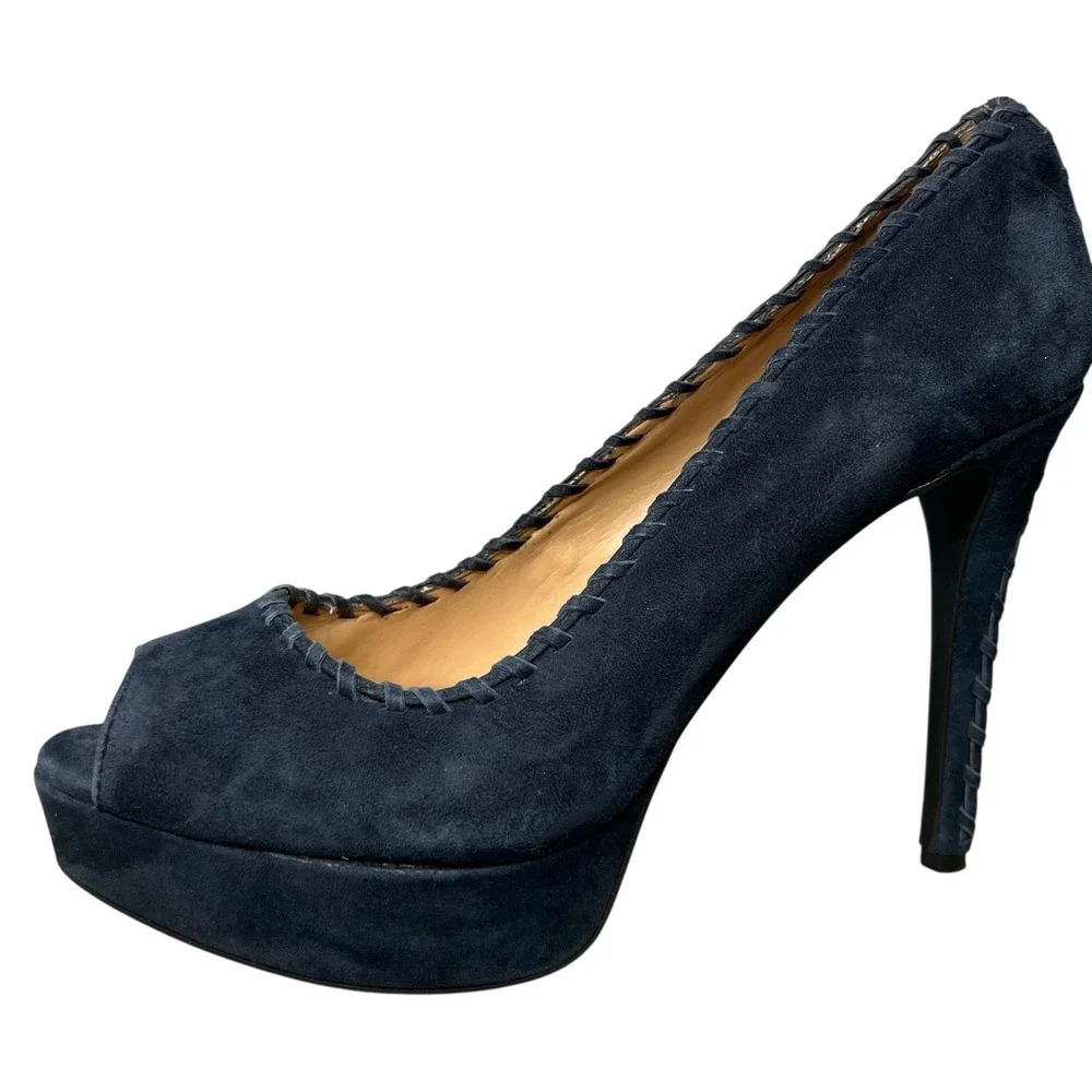 Antonio‎ Melani Luna Suede Platform Heels 10M Blue Leather Peep Toe Laced Detail